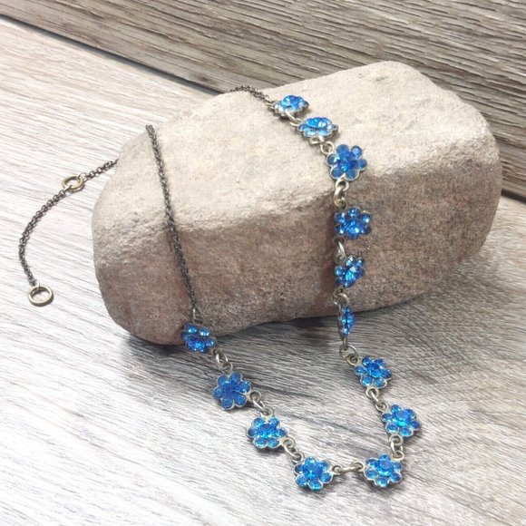 Flower Necklace Blue Stone Flowers Pendant Vintage Boho Jewelry Trinket Gift - Picture 4 of 8